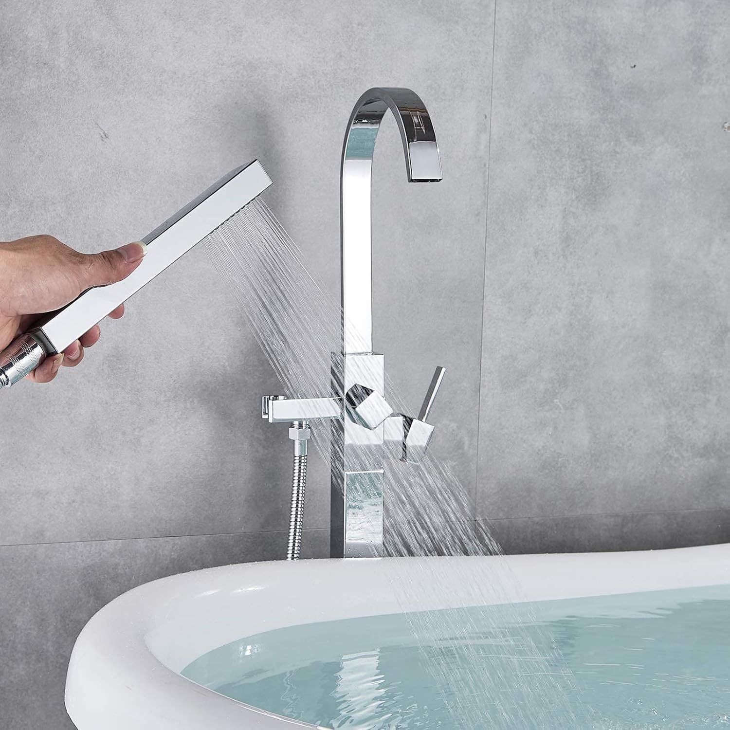Super Brands Votamuta Chrome Floor Mount Bathtub Faucet Tub Filler Faucet Hand Shower Free Standing Single Handle Shower Mixer Tap