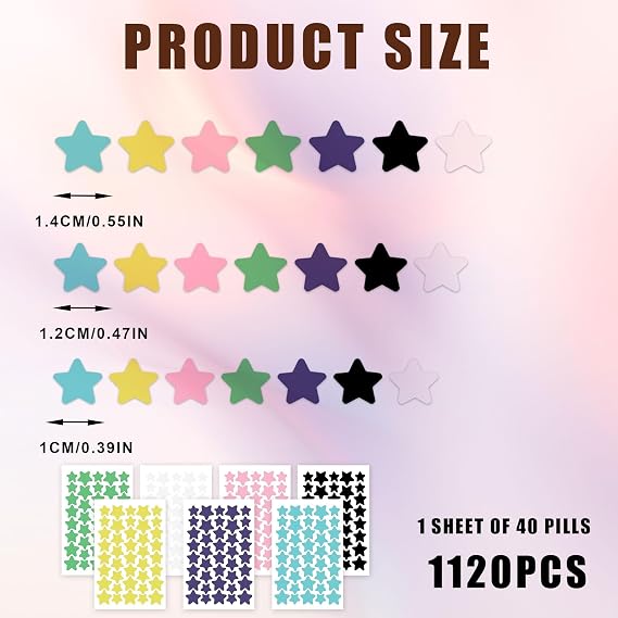 Star Face Pimple Patches, 1120PCS/28Sheets, Size 10/12/14mm, 7 Colors