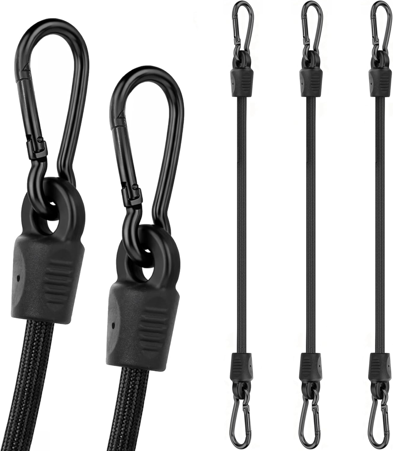 12 Inch Bungee Cords with Hooks, Carabiner Bungee Cord Outdoor Up to 220 Lbs Break Strength, Black Bungee Straps with Upgraded Carabiner Hooks for Camping, Cargo, Bike, Luggage, Carts, Truck-4 Pack
