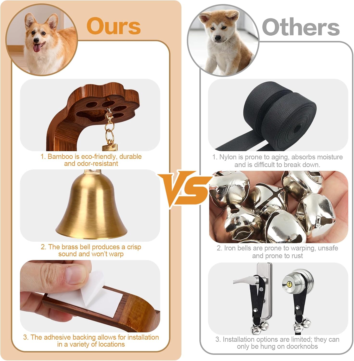 Bamboo Dog Doorbell for Potty Training, Puppy Go Outside Alert Bell, Brass Bell with Loud Clear Ring, Strong Self-Adhesive Mount for Any Location (Dark Brown) image 4