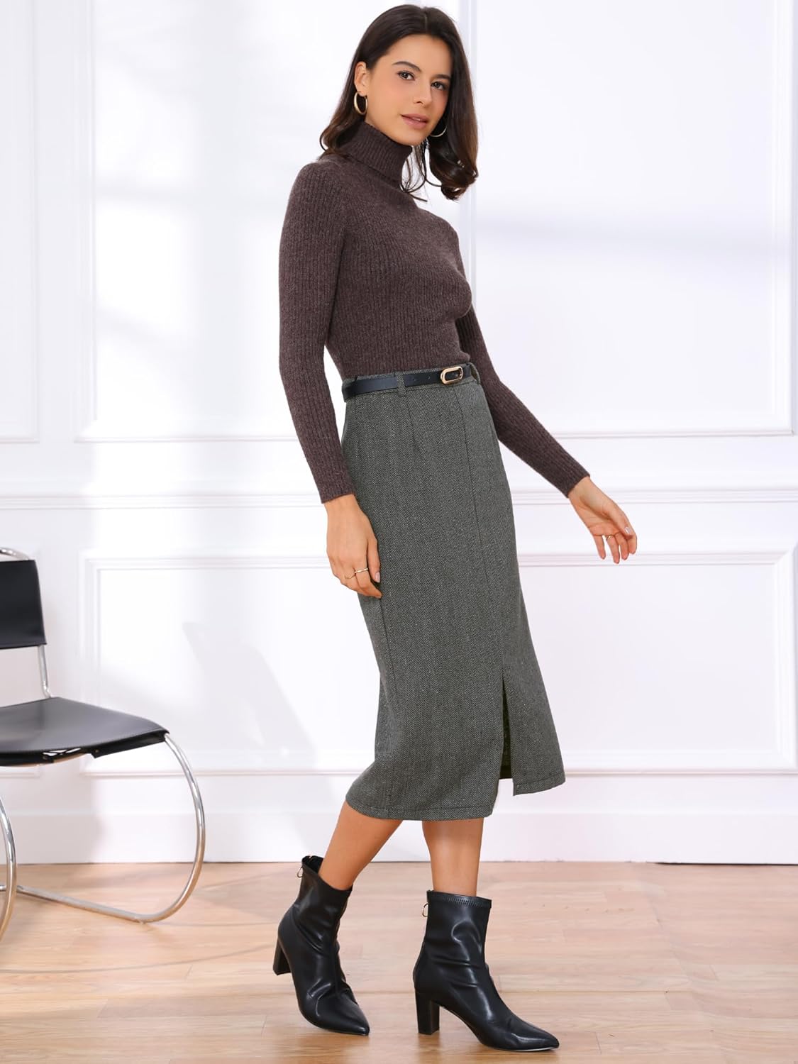 Allegra K Midi Pencil Skirt for Women Fall Winter High Waisted Slit Office Work Skirts with Belt - Image 4