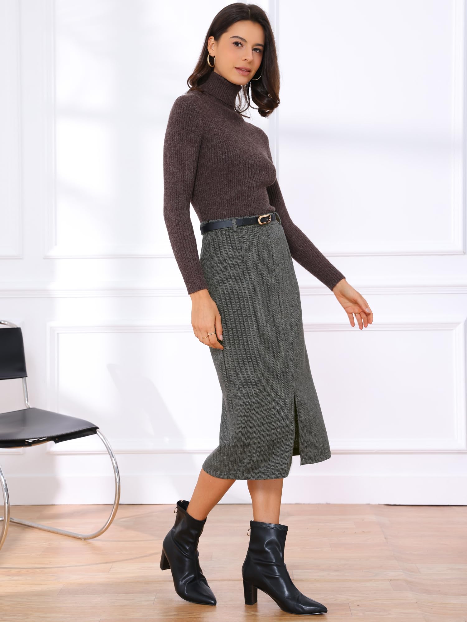 Allegra K Midi-Bleistiftrock für Damen, Herbst, Winter, hohe Taille, Arbeit, Büro, Röcke mit Gürtel