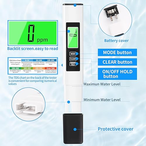 Miniatura 7 de Medidor TDS 4 en 1, medidor TDS, medidor digital de agua, preciso y confiable, medidor de agua, medidor TDS EC y temperatura ( C F), 0-990 ppm,