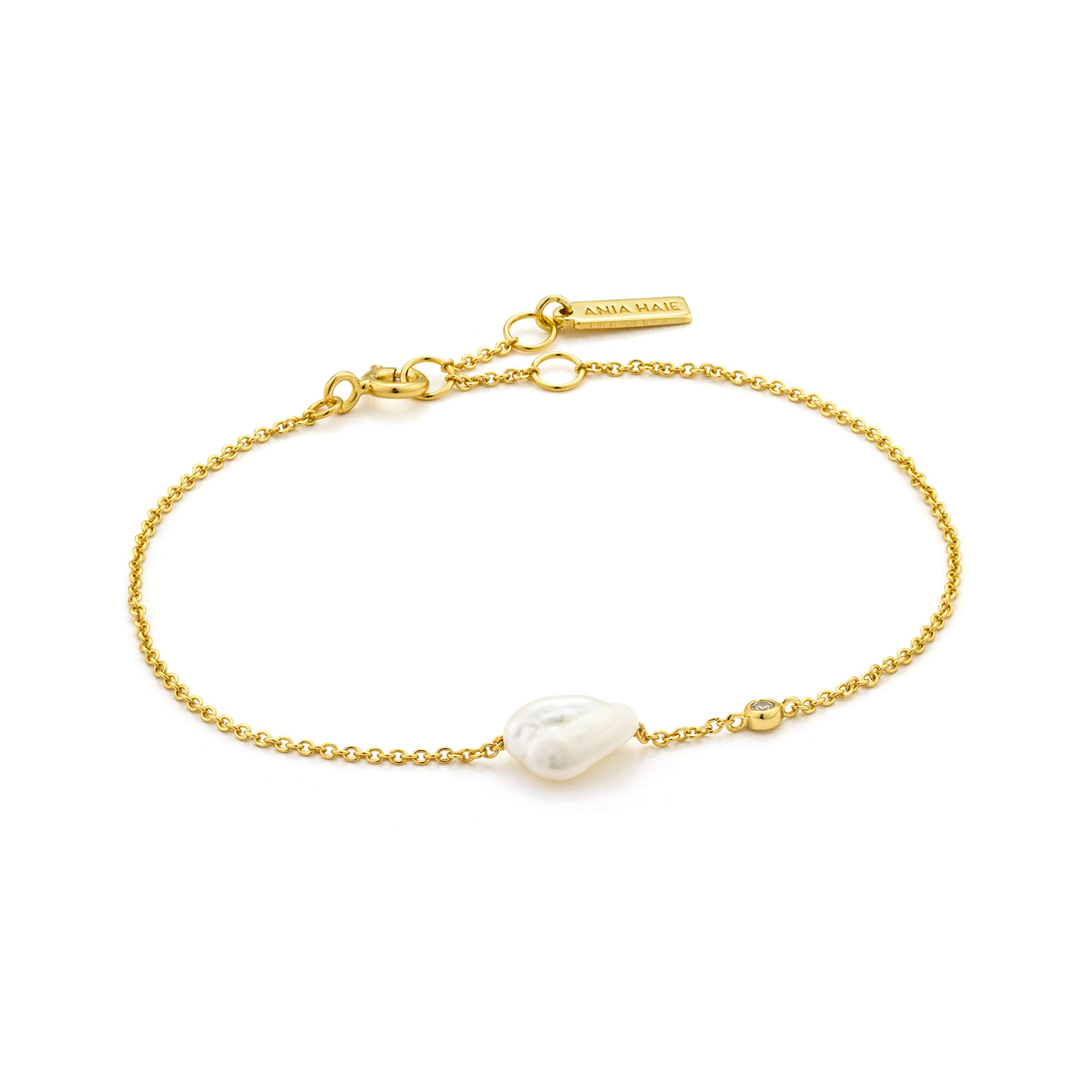ANIA HAIE Damen Armband PEARL OF WISDOM aus 925 Sterling Silber 14k vergoldet, besetzt mit einem Zirkonia Stein und einer Süßwasserperle, Länge 16cm + 2cm Verlängerung, inkl. Geschenkverpackung