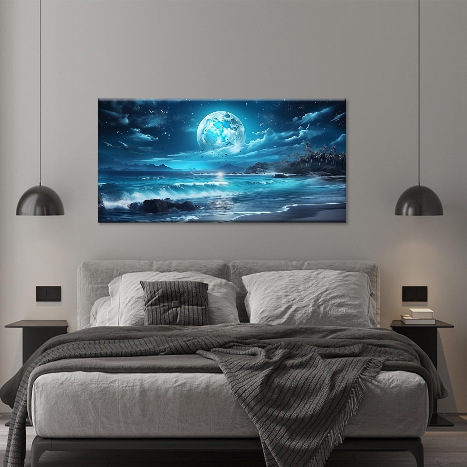 Moon Sea Ocean Canvas Wall Art, Moon Ocean Blue Beach Sea Birds Poster Print Natural Seascape Sea Painting Picture for Bedroom Living Room Decor(Artwork-01, 16"x8")