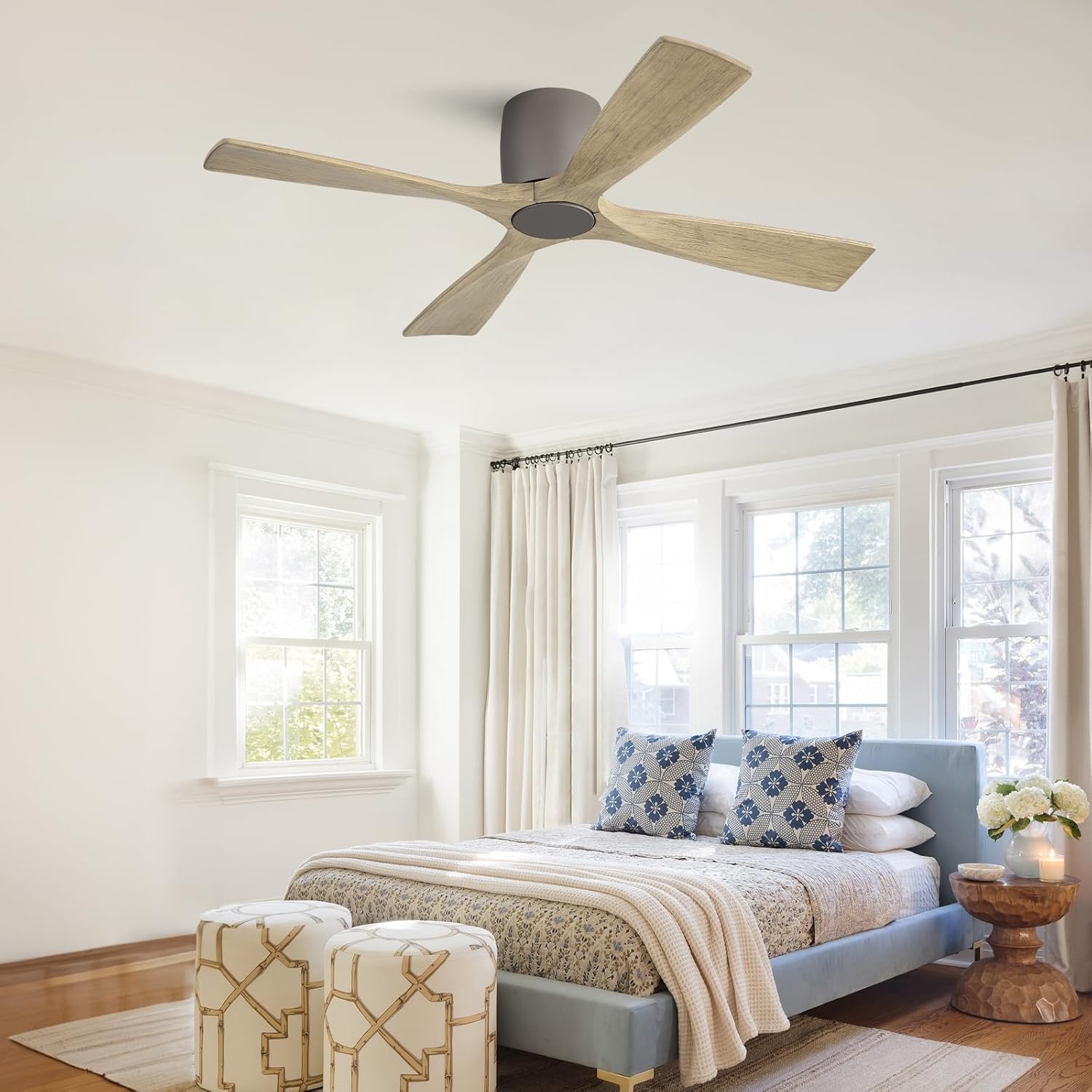 WINGBO 48 Inch Ceiling Fan Without Light, Solid Wood Flush Mount Ceiling Fan with Remote Control, Reversible Quiet DC Motor, 4 Blades,6-Speed, for Bedroom & Living Room,Graphite Finish +Gray Blade