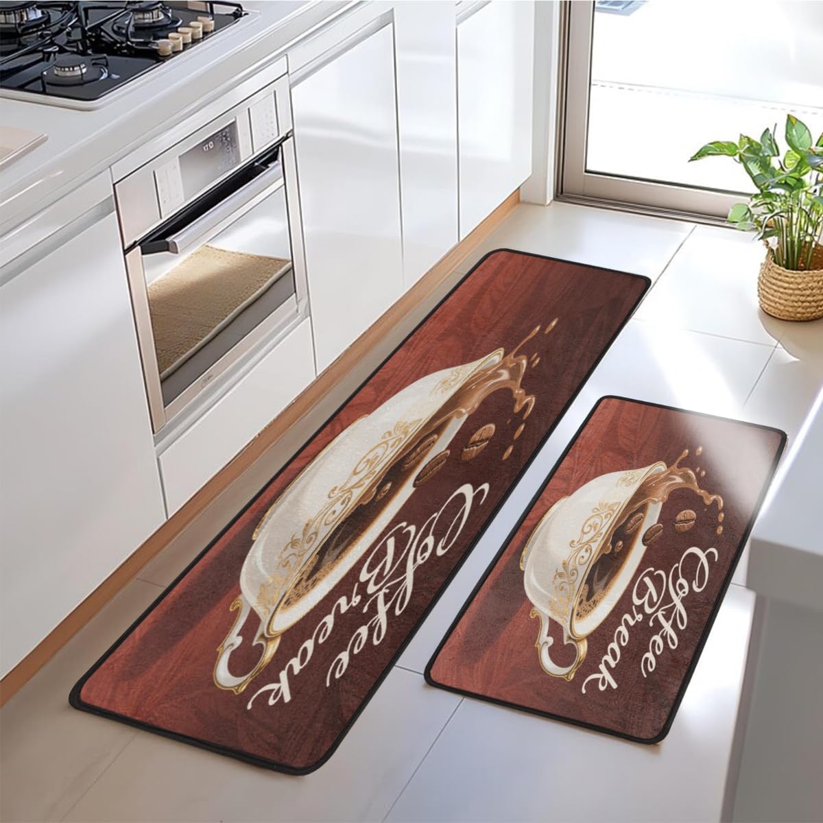 Anti Fatigue Luxury Coffee Kitchen Mats for Floor 2 Piece Set, Waterproof Non Slip Boho Kitchen Floor Rugs, Comfort Standing Mat for Sink Laundry & Home Kitchen 17"x47"+17"x29"