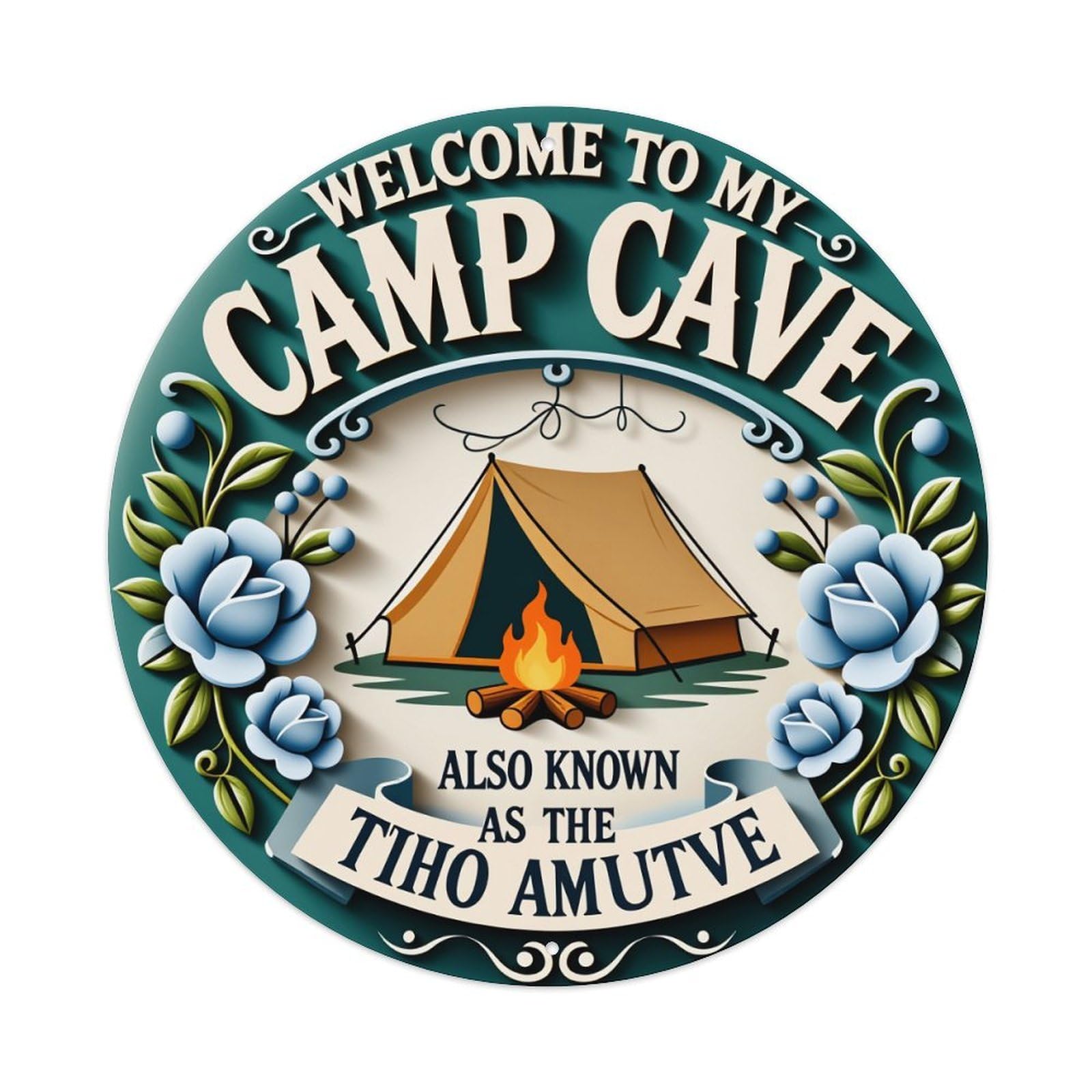 Camp Cave Tent Fire Flowers Round Tin Sign Vintage Style Metal Sign Home Bar Garden Wall Plaque Decor Metal Poster 8x8 Inch