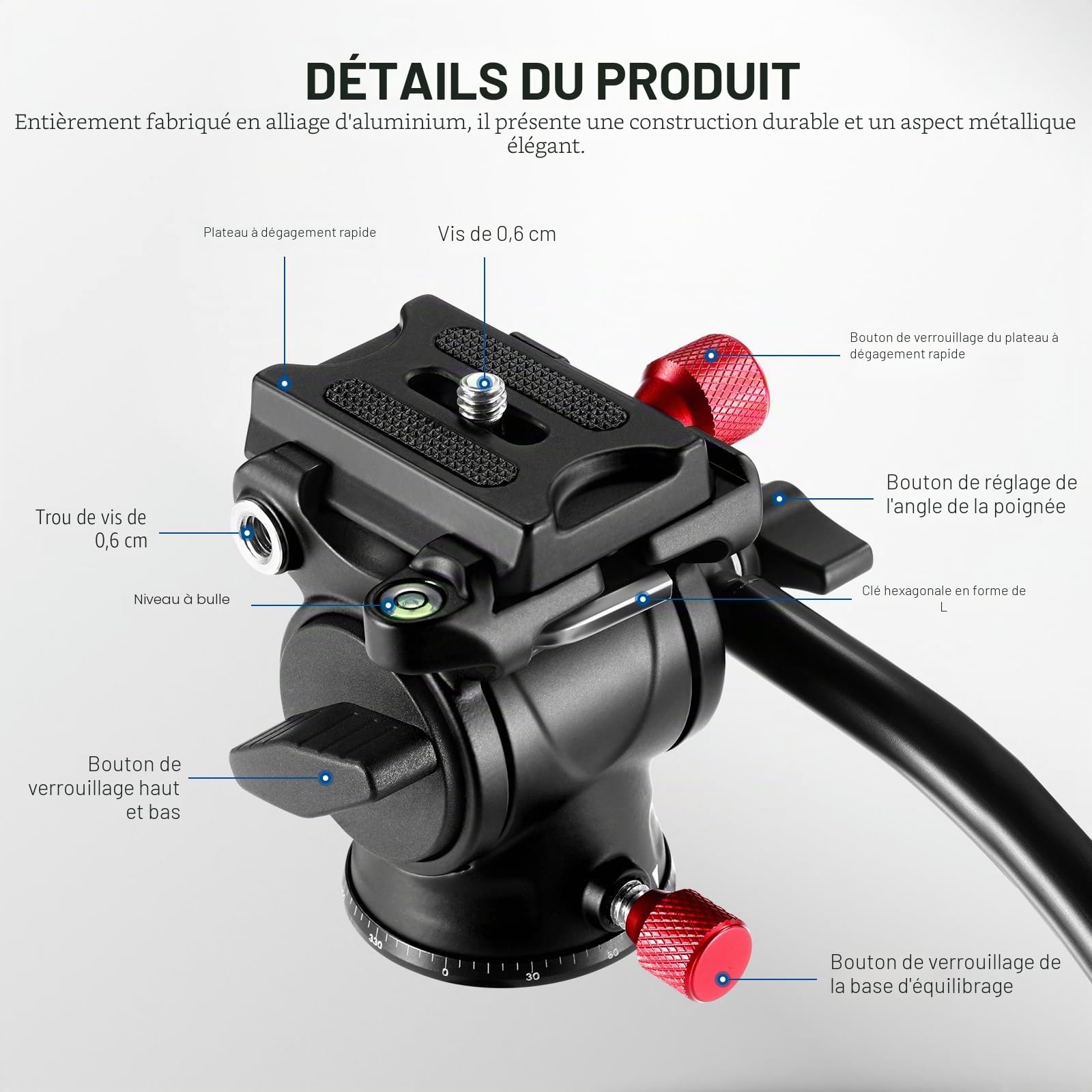 NEEWER Tête de Trépied Fluide GM23, Tête Inclinable Panoramique en Alliage d'Aluminium 43mm, Base Graduée, Charge Max 3kg, pour Caméscope Compact DSLR