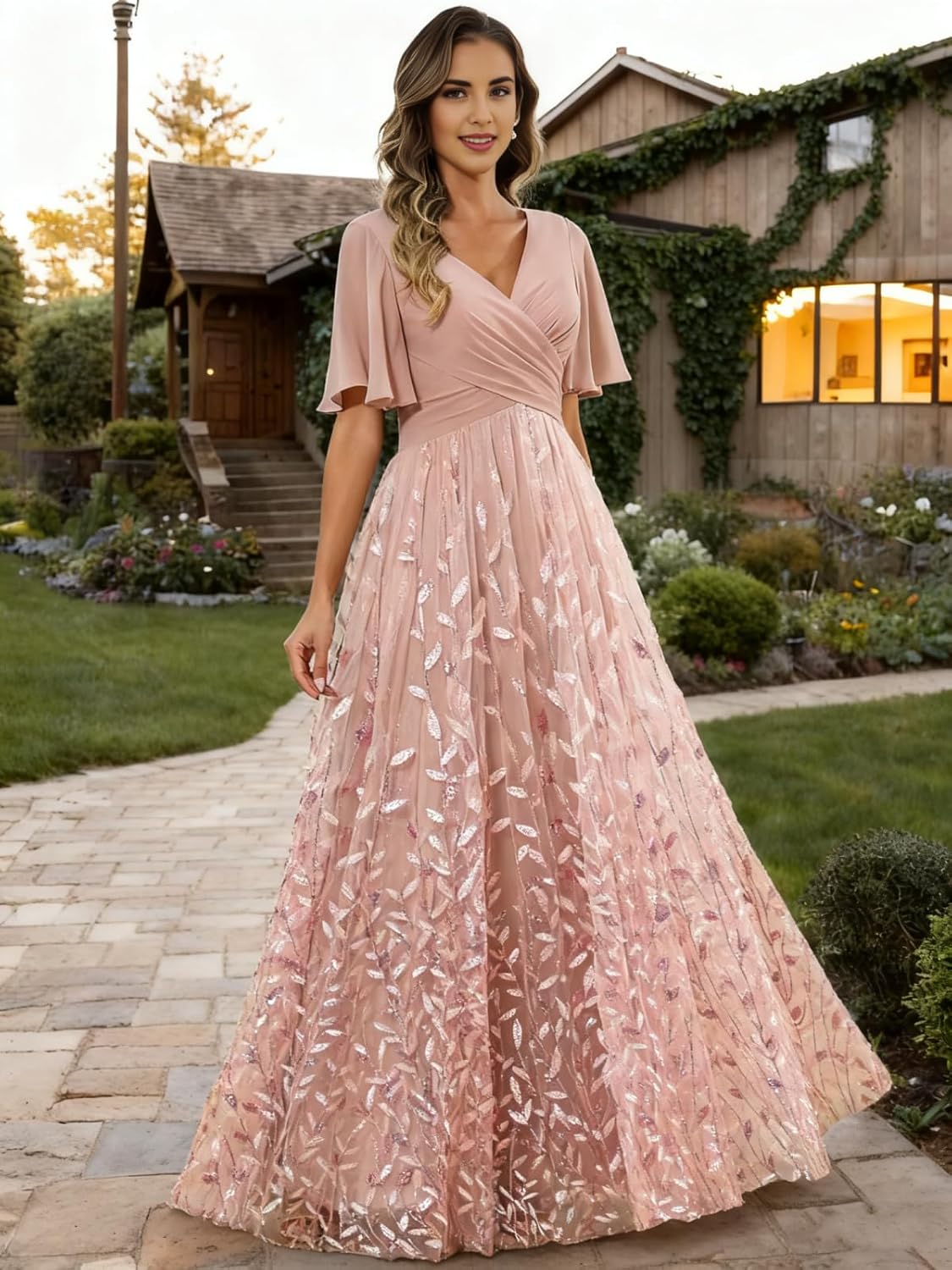 Women's Chiffon V-Neck Maxi Dress with Leaf Sequin & Flutter Sleeves - Elegant Wedding Guest & Evening Gown