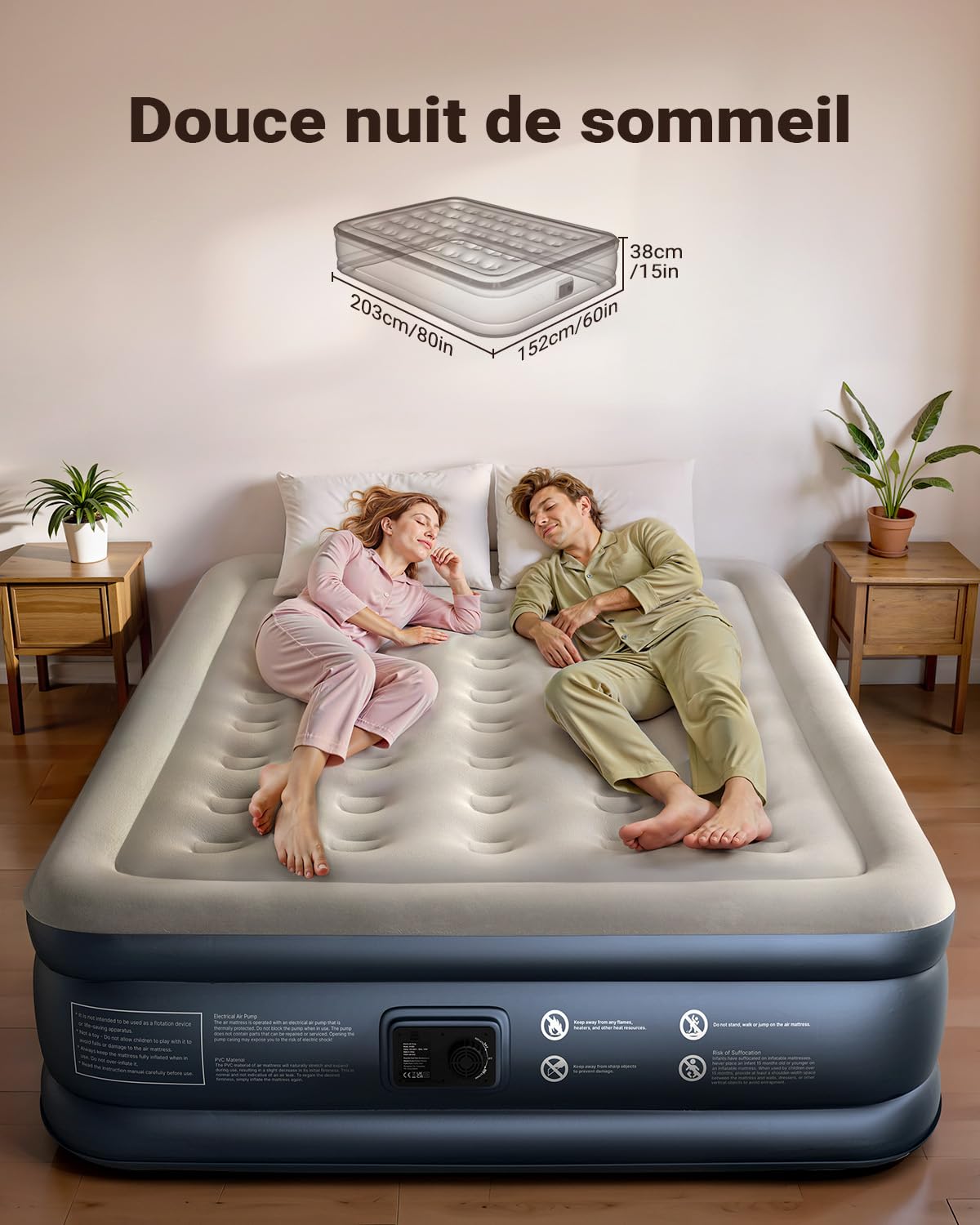 iDOO Matelas Gonflable 2 Personnes, Lit Gonflable avec Pompe Electrique Intégrée, Matelas pneumatique pour l’extérieur et Le Camping, 152 x 203 x 38 cm, 295 Kg Max