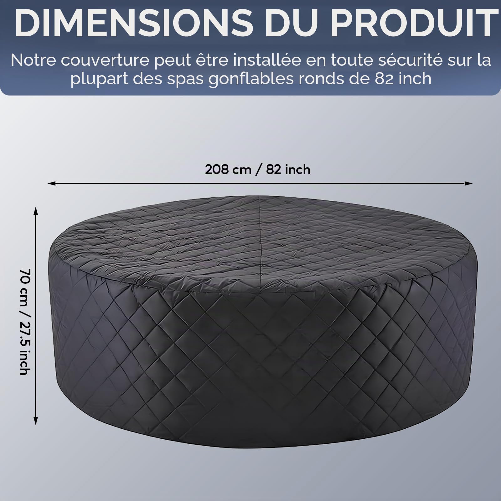 Housse de Protection pour Bain à Remous de Jardin, 208x70 cm Couvercle Gonflable Rond pour Spa, Couverture Thermique en PVC, Imperméable, Anti-poussière, pour l'extérieur par Temps Froid et Soleil