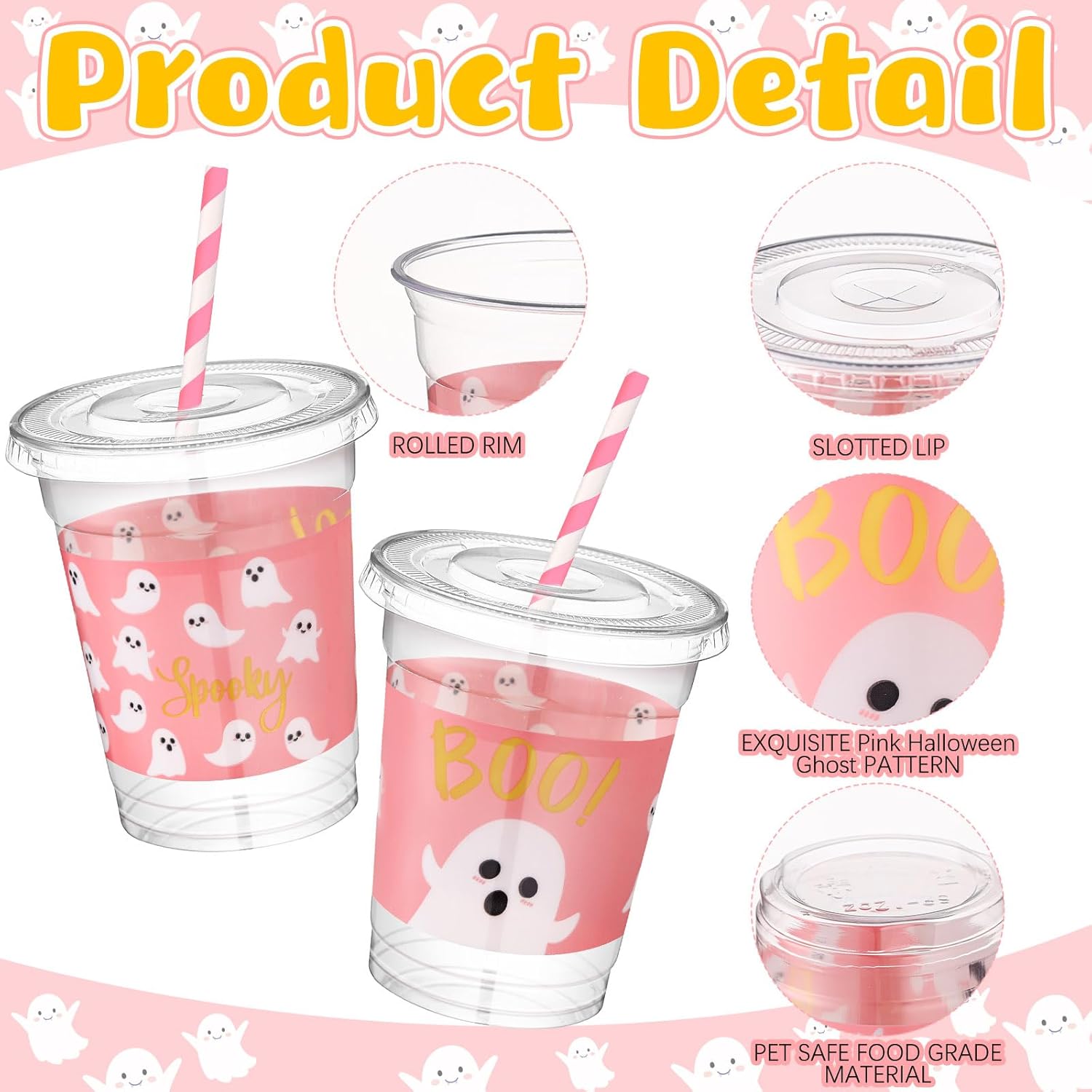 50 Pcs Party Disposable Plastic Cups 12 oz with Lids Straws Themed Party Supplies Plastic Tumbler for Birthday Table Decorations Favors(Halloween Ghost,Pink) - Image 3