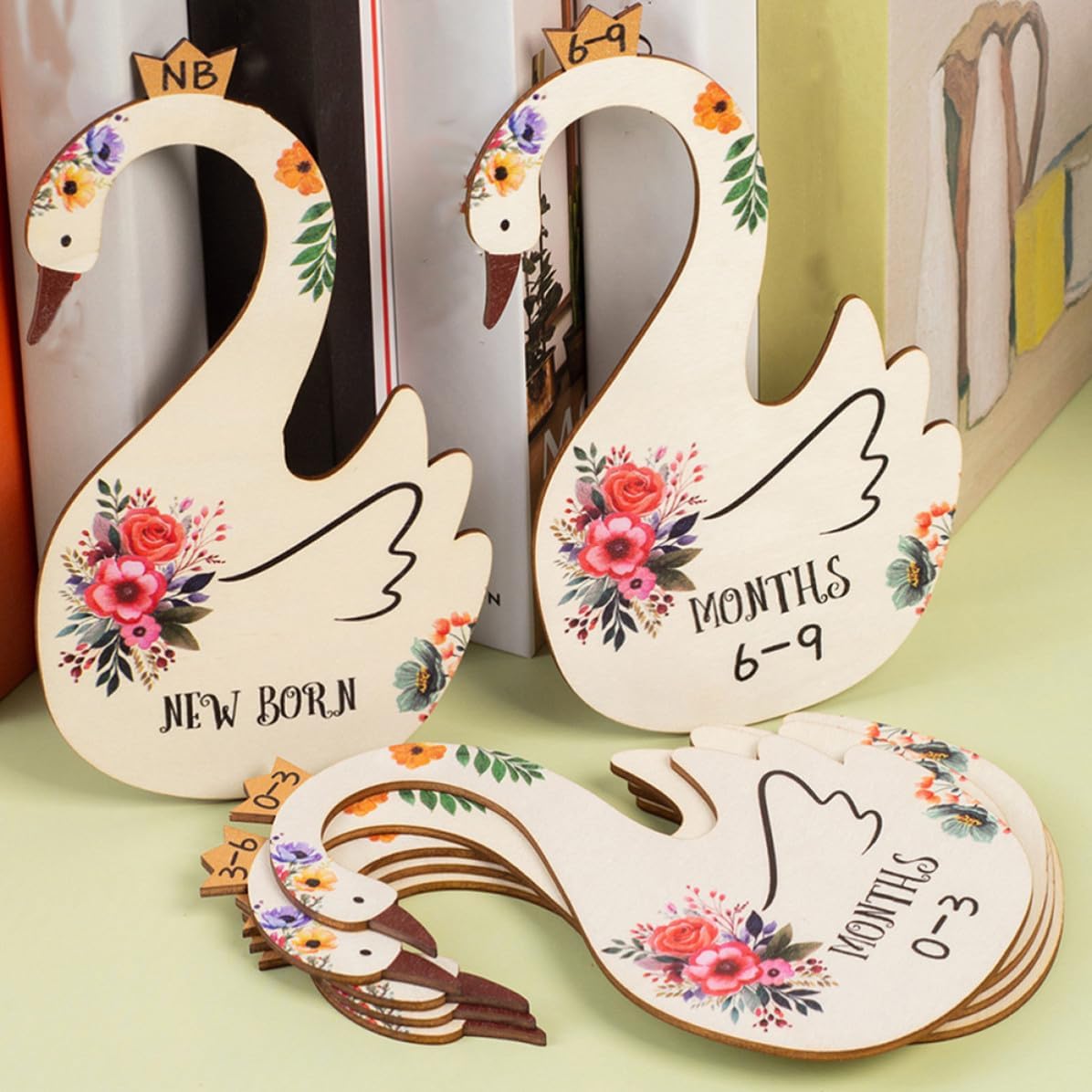 7pcs Closet Clothing Dividers Wooden Double-sided Cartoon Swan Size Organizer for Nursery Storage and Closet Organizing with Month Information