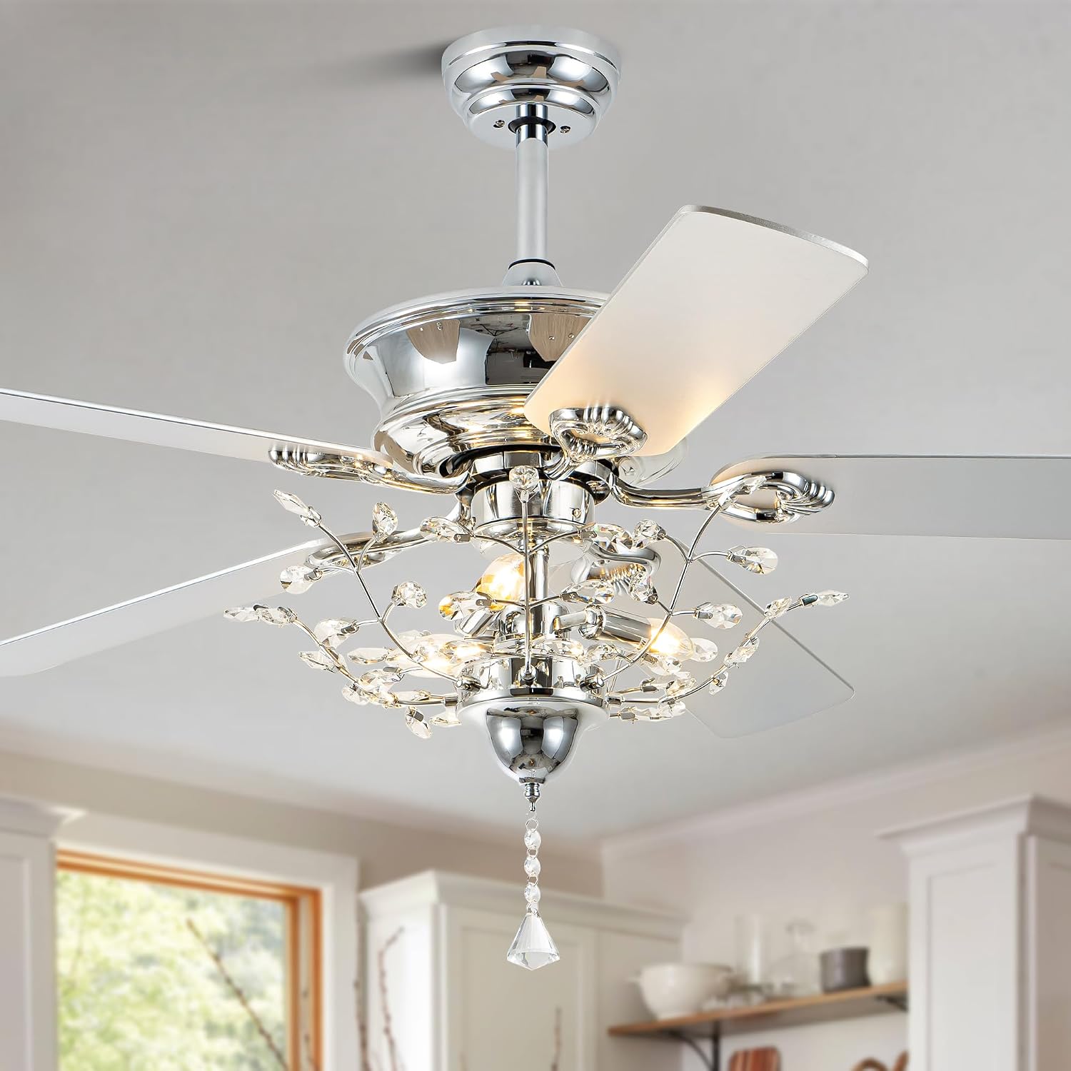 Bella Depot 52" Crystal Chandelier Ceiling Fan with Light Vintage Dual-Sided Blades Fandelier Fan for Living Room Dining Room Bedroom (Chrome-2014)
