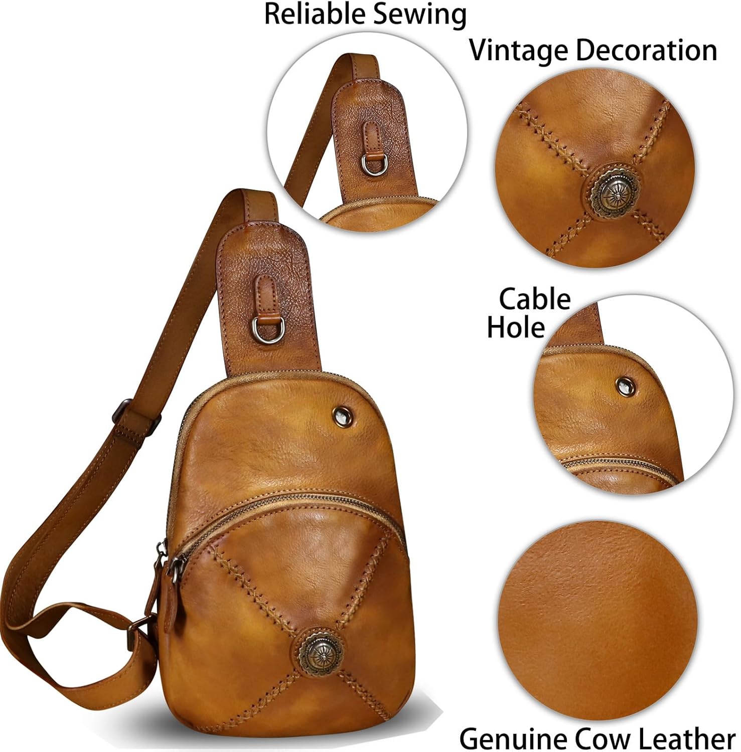 Genuine Leather Small Sling Bag for Women Crossbody Purse Handmade Hiking Daypack Retro Shoulder Backpack Vintage Chest Bags - Image 5