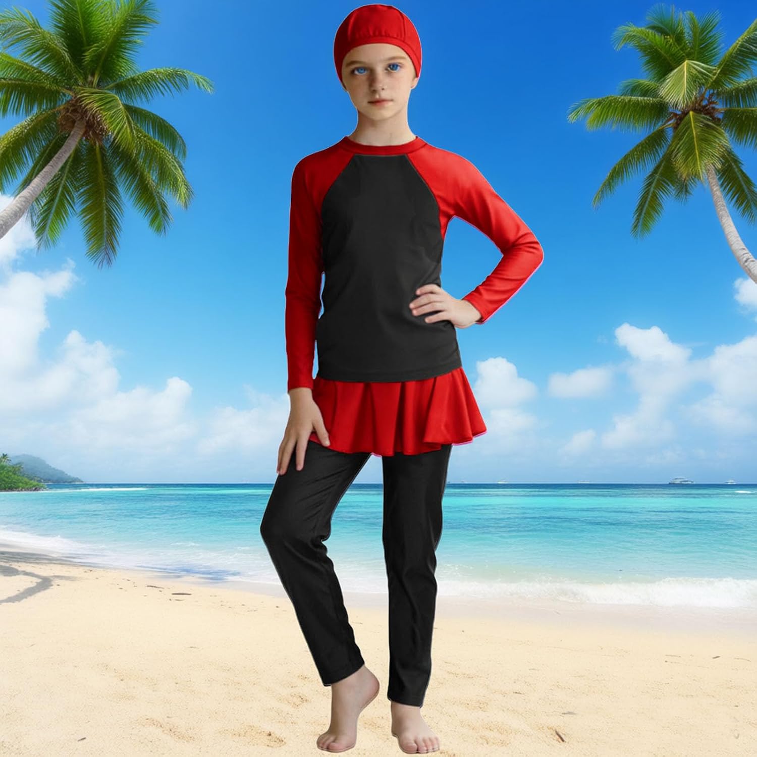 Girl Modest Long Sleeve Rash Guard Swim Set with Skirted Top and Pants Comfortable Two Piece Swimwear for Beach Pool