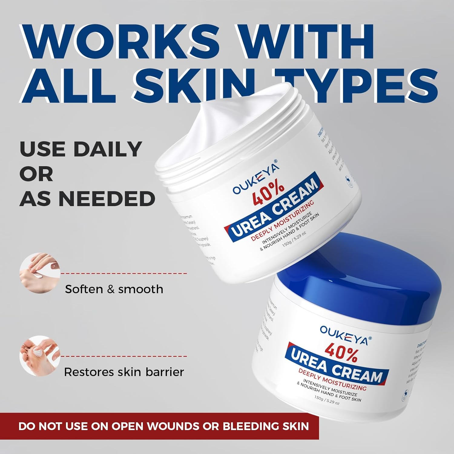 OUKEYA NEW FORMULA Urea Cream 40 Percent for Feet Maximum Strength, Hand Heels Dry Cracked Treatment Lotion for Knees & Elbows, Foot Dead Skin Cuticle Callus Remover Toenail Softener, 5.29 oz - Image 8