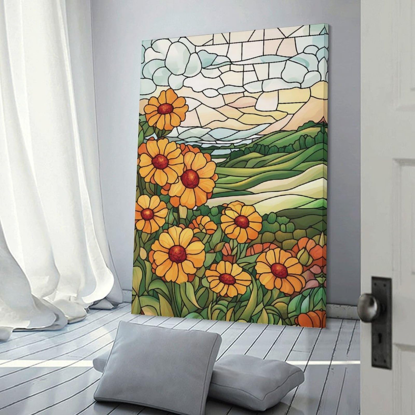 Junmoney Stained Glass Flowers & Landscape Wall Picture Print 20x30inch(50x75cm), for Corridors, Hallways Or Apartment Entries, Decorative Canvas Styling for Entry Areas