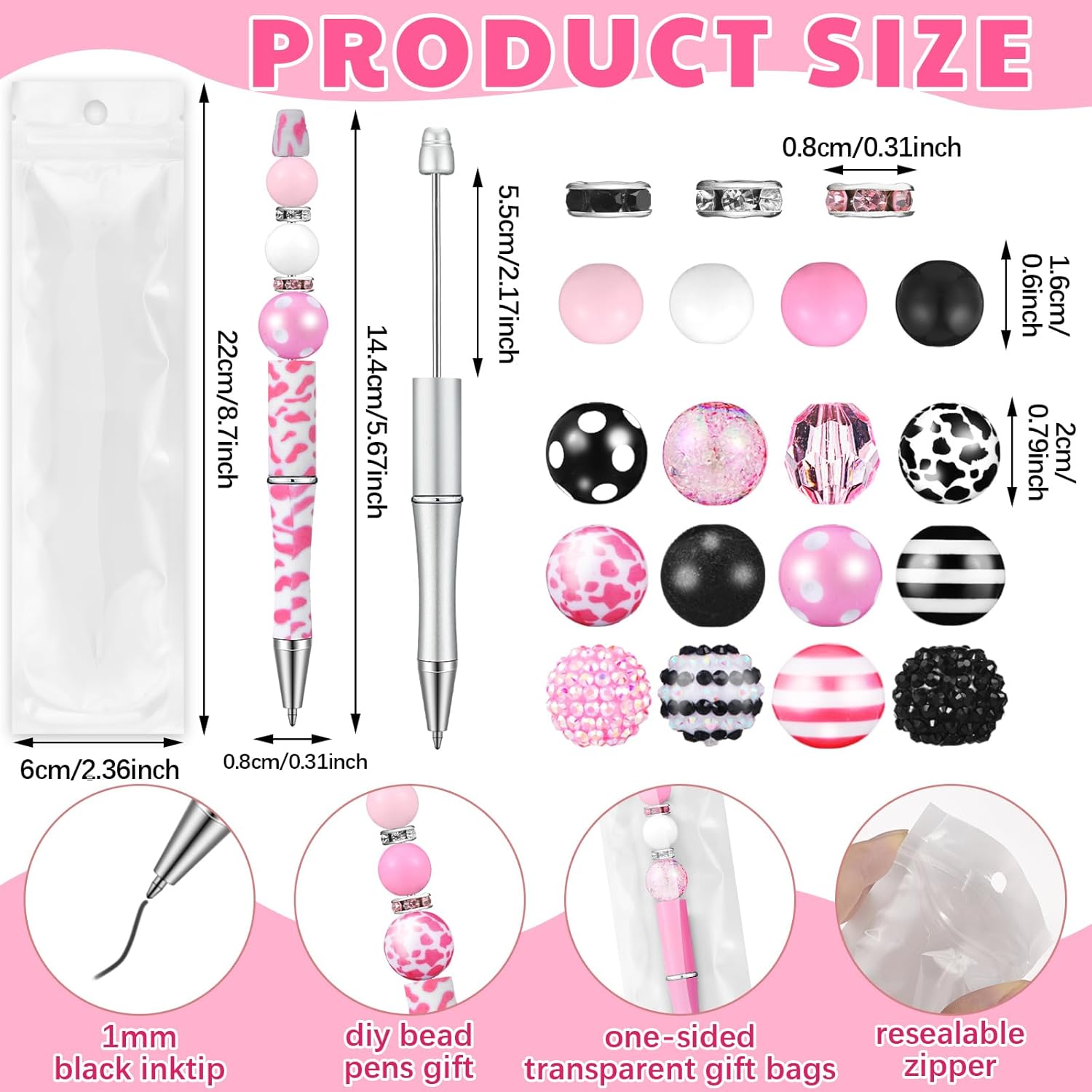 Cholemy 24 Sets Assorted Plastic Beadable Pens Multicolor Bubblegum Crystal Spacer Beads Black Ink Ballpoint DIY Bead Pen Set for Women Office Gifts(Delicate)