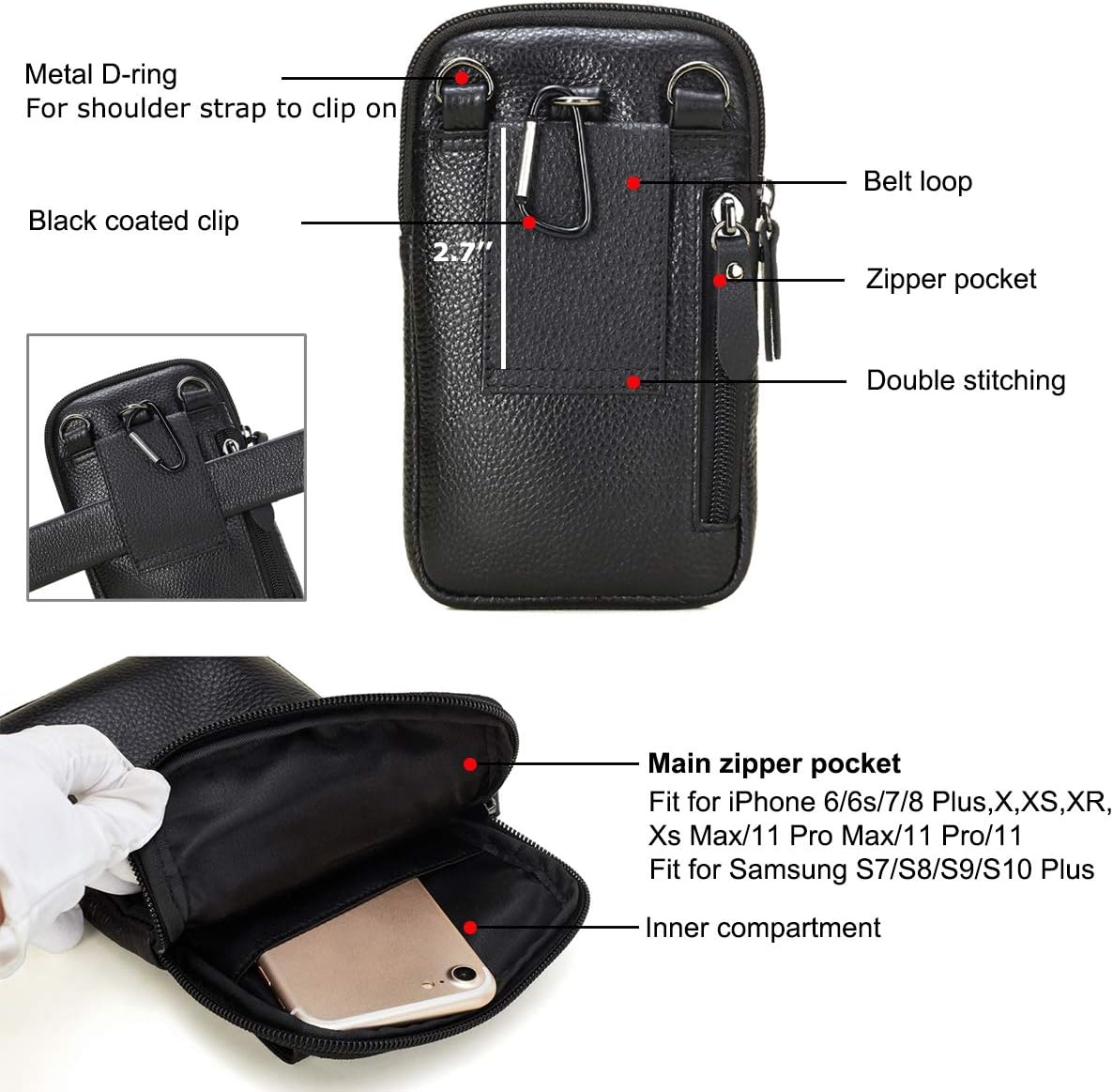 One-Day Sale: Up to 50% Off Genuine Leather Cell Phone Holster Belt Clip Pouch Compatible for iPhone 13 Pro Max, 12 Pro Max, Galaxy Note 20 Ultra S20 S21 Ultra with Phone Case on,Mens Crossbody Purse Bag Belt Loop Messenger