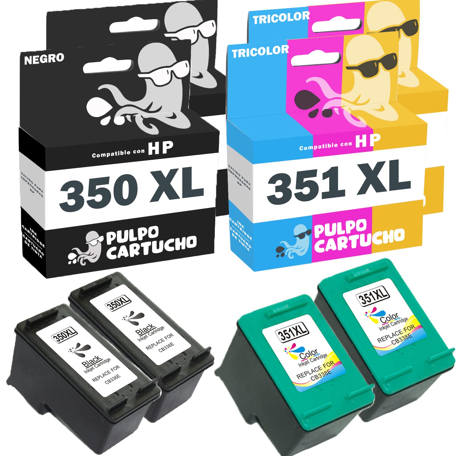 Pulpo Cartucho - Cartucho de Tinta 350 XL / 351 XL Pack 4 Compatible con HP 350 XL / 351 XL/Ref. CB336EE / CB338EE - Pack 4 - Valido para Impresoras DeskJet D, PhotoSmart C, PhotoSmartx D
