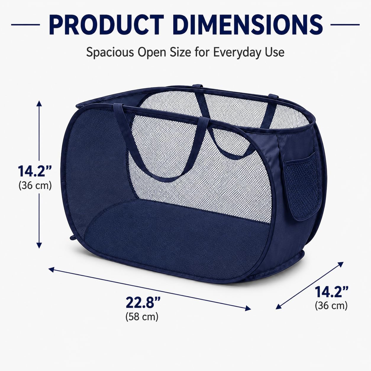 2 Pack Pop Up Laundry Hamper, Mesh Foldable Laundry Basket with Side Pocket & Durable Handles, Collapsible Clothes Hamper for Bathroom, College Dorm, Bedroom & Travel, (Wider - Blue)