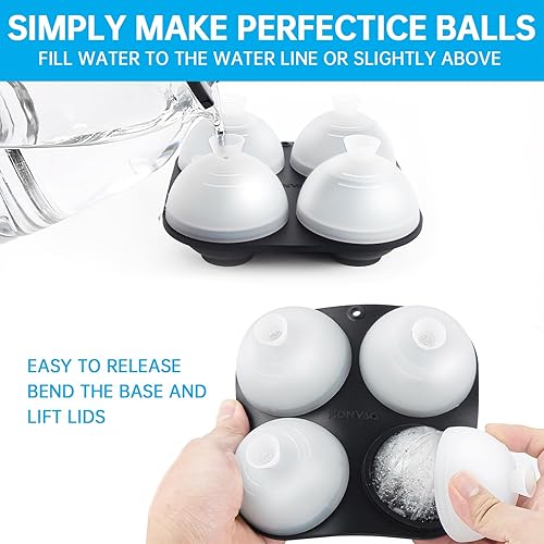 Miniatura 4 de HONYAO Molde de silicona para bolas de hielo para whisky, bandejas grandes para cubitos de hielo de 2.4 pulgadas, moldes de silicona con tapas,