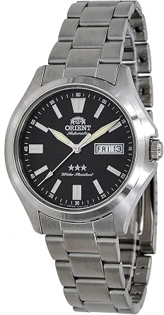 Orient RA-AB0F07B Mens Stainless Steel 3 Star Black Dial Luminous Index Day Date Automatic Watch