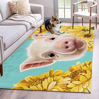 4x6 Area Rugs, Sunflowers Pig Living Room Rug Non Slip TPR Backing Washable Rug, Farmhouse Pastoral Cute Piggy Floral Large Low Pile Indoor Carpet Rugs for Bedroom, Kitchen, Bathroom, Office, Kids