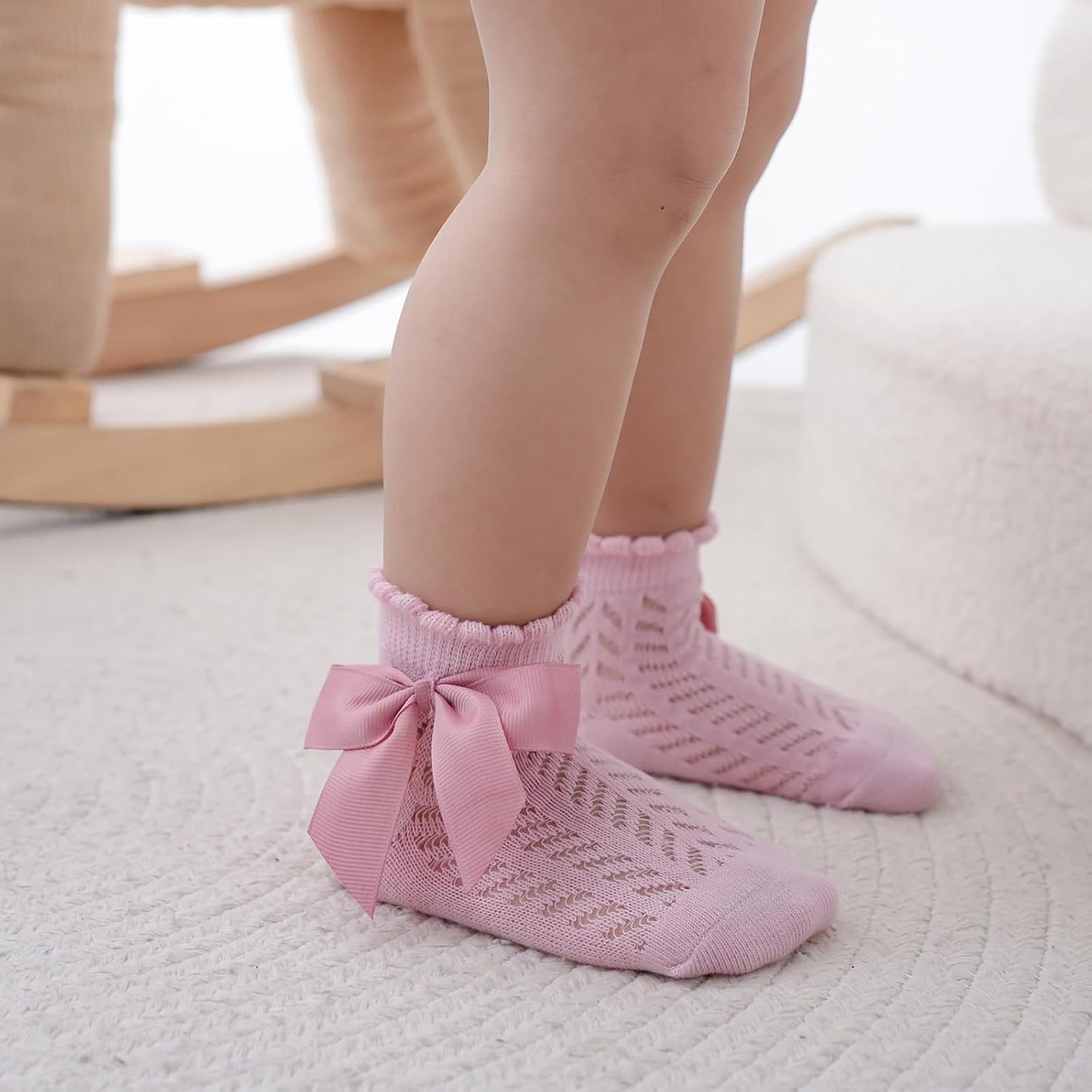 Baby Girls Mesh Ankle Socks with Bow,Cute Breathable Cotton Knit Dress Socks for Infants Toddlers and Kids