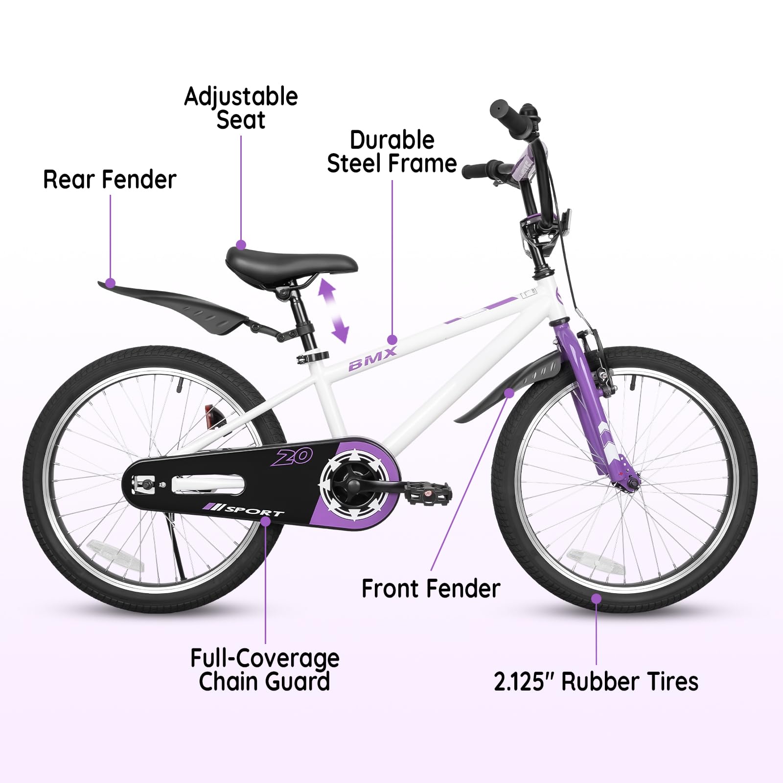 Condition photo showing New/Like New for 16 20 inch kids bike, bmx style children bicycle for boys girls ages 4-12, adjustable seat high carbon steel frame, beginner rider cycling, multicolors