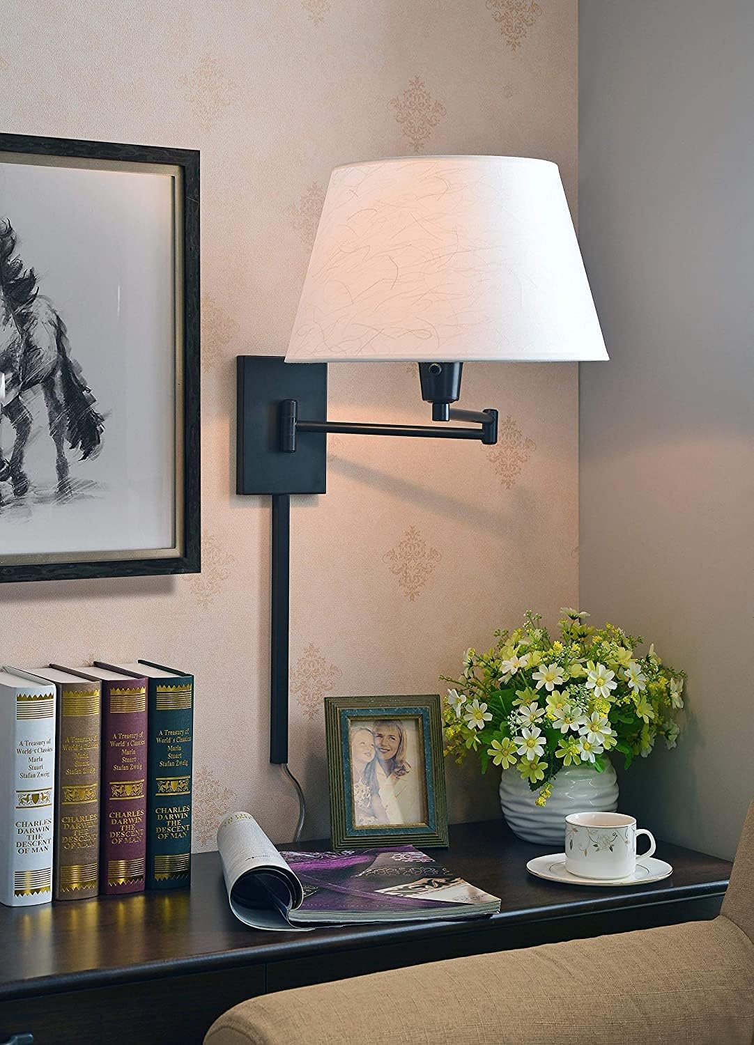 Kenroy Home 30100VB Simplicity Wall Swing Arm Lamp with Vintage Brass Finish, Modern Style, 13.5" Height, 16" Width, 26" Depth