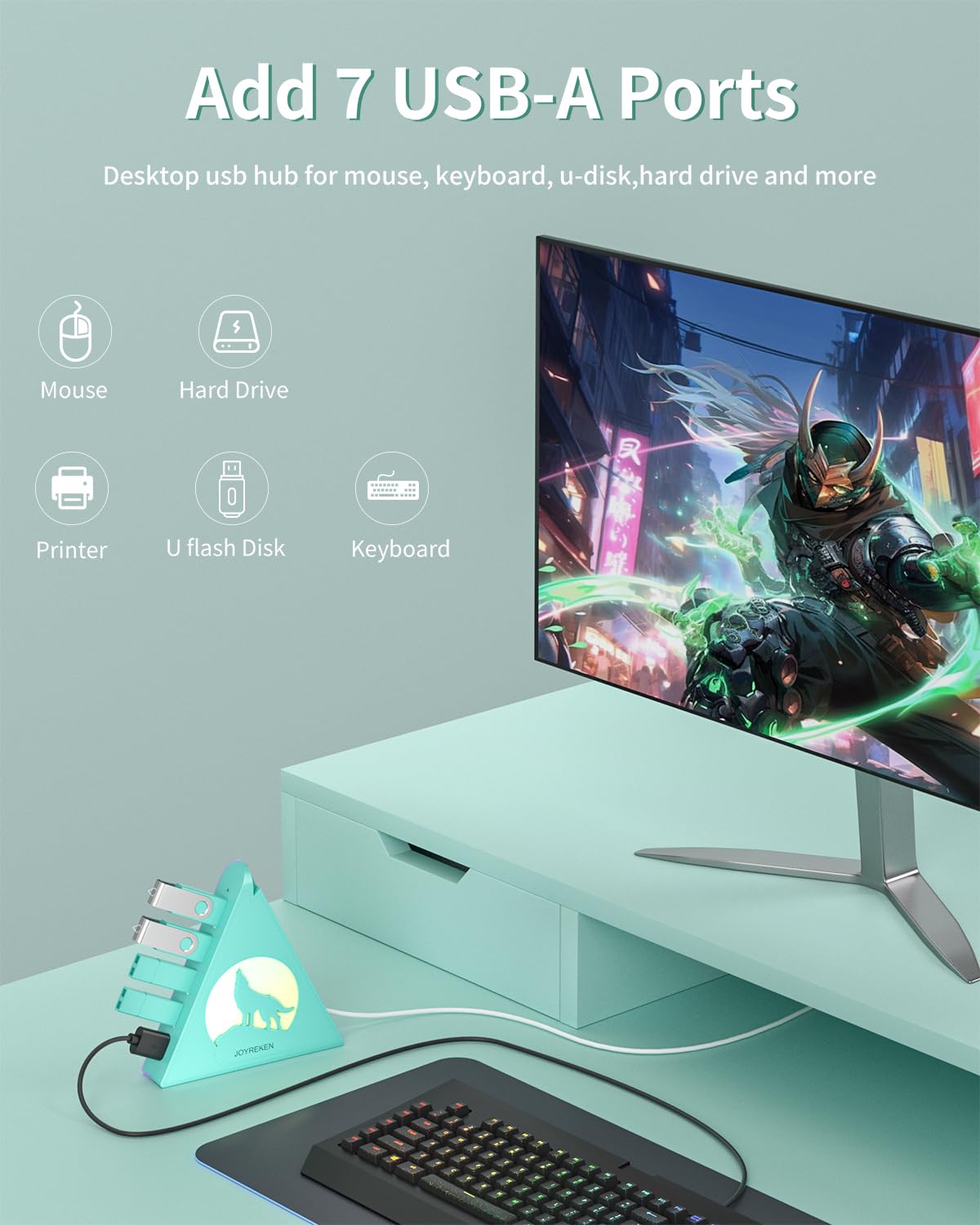 Hub USB 3.0 de 7 puertos, torre vertical USB con iluminación RGB y velocidad de datos de 5 Gbps, cable de 2 pies, divisor de concentrador USB para juegos para PC, escritorio, laptop, PS5