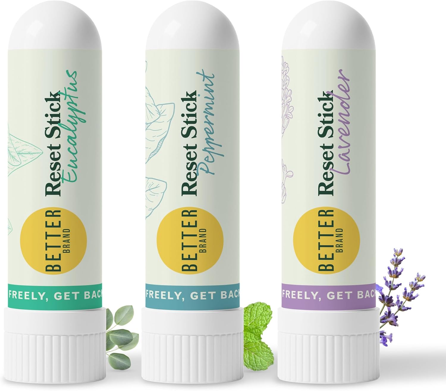 Betterbrand Reset Stick Trio – Natural Nasal Inhaler for Congestion Relief, Peppermint, Eucalyptus & Lavender Aromatherapy, Non-Medicated, Travel-Friendly Sinus Support - Pack of 3