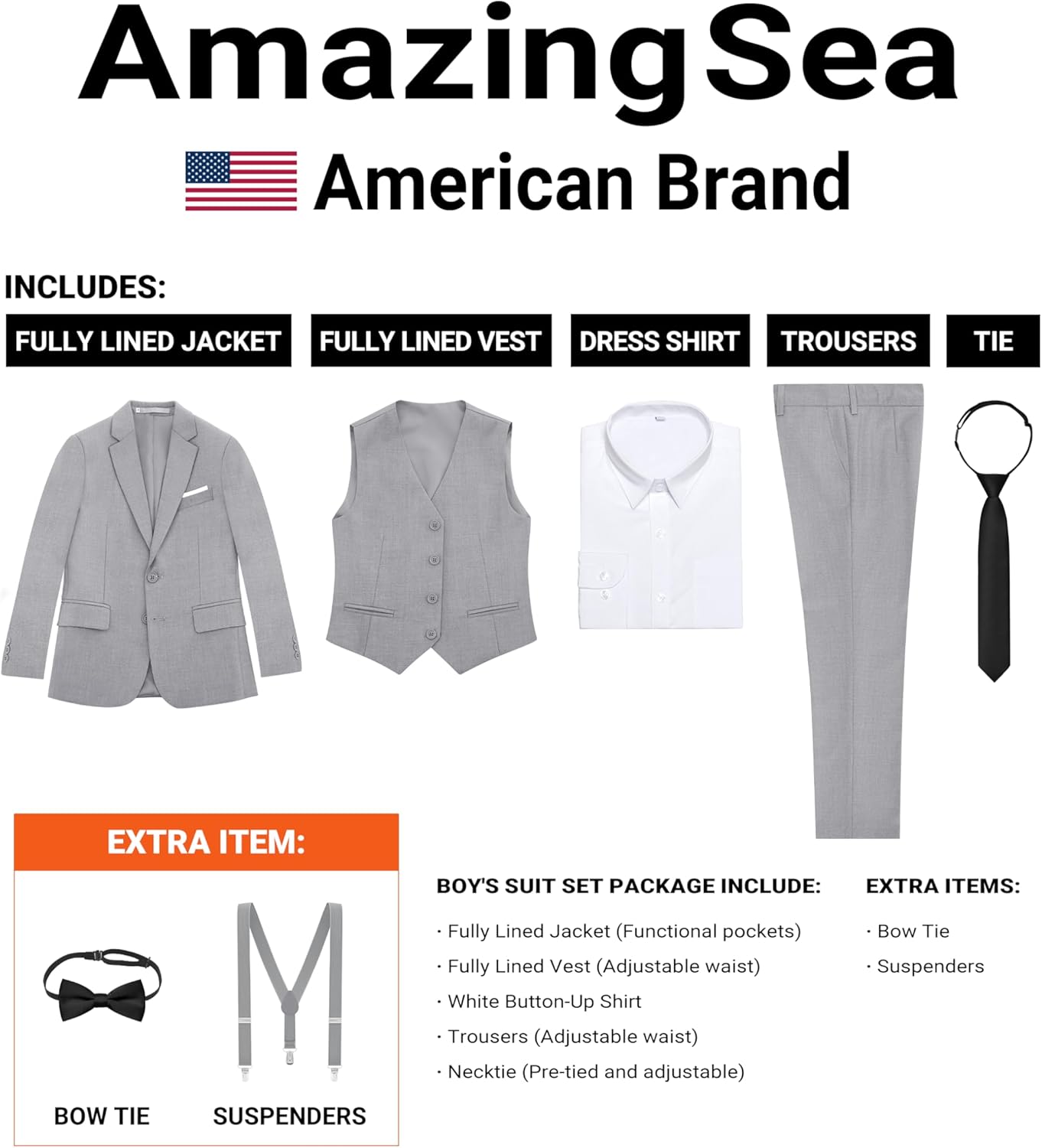 Boys Formal Suits Set, from Toddlers to Teen, Adjustable Waist, with Suspenders - Image 2