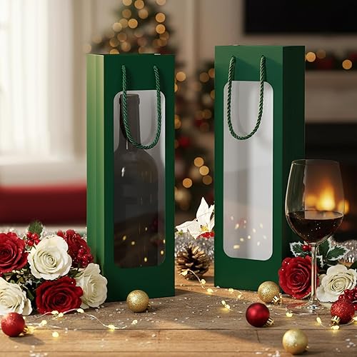 Miniatura 44 de Tioncy 24 bolsas de regalo de botella de vino individual de Navidad, bolsas de champán para bodas a granel con ventana transparente, cajas Negro