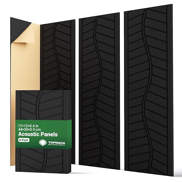 Acoustic Panels for Walls, Ceilings & Doors, 6 Pack Self-Adhesive Sound Absorbing Panels, 17"12"0.4" Decorative Art Tiles - Easy Peel & Stick for Recording Studio, Home Theater, Office Room (Black)