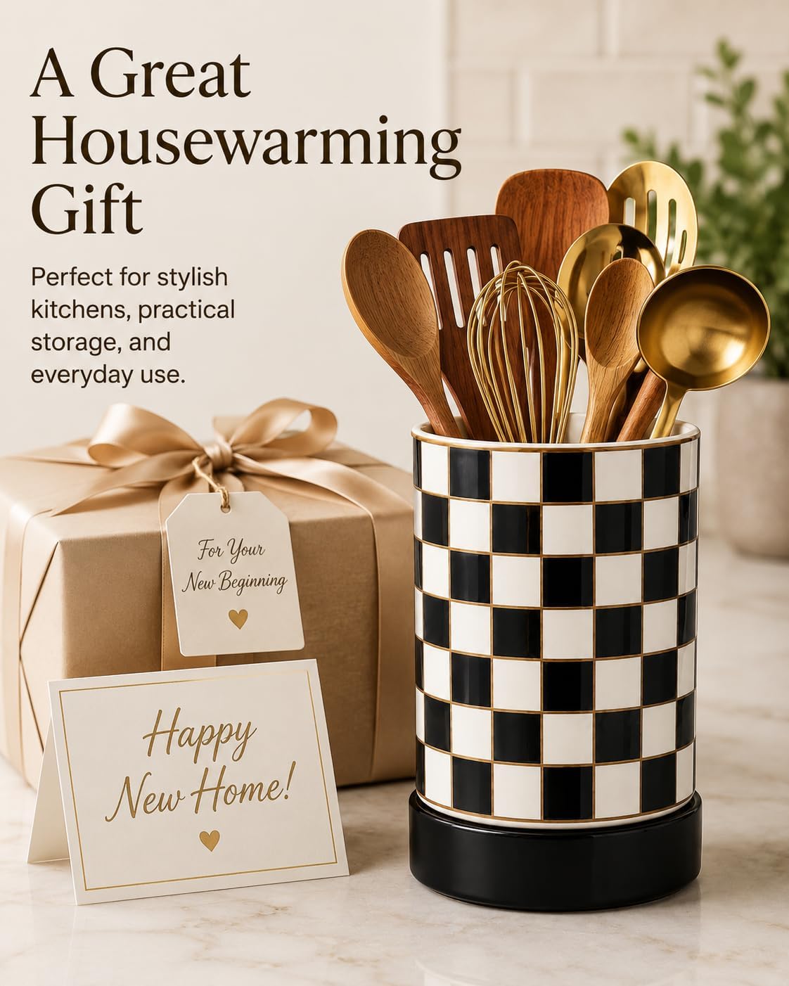 Checkered Ceramic Kitchen Utensil Holder for Countertop with Tray,Black & White Checkered Utensil Holder Set,Stylish Checkered Kitchen Decor & Organizer (Black)