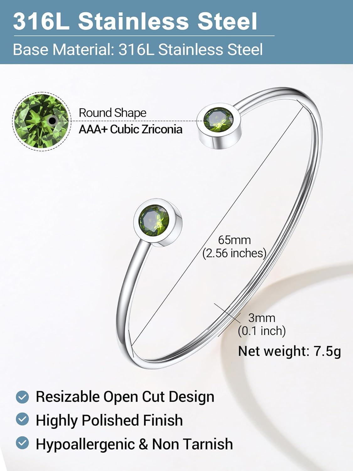 PROSTEEL Stainless Steel Birthstone Bracelet Jan - Dec Birthday,Jewelry for Women,2 Choices of Length, fit Wrist from 5.1''-7.6'' in Circumference, Come with Box - Image 4