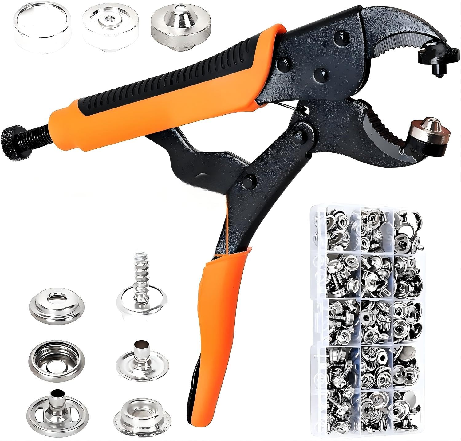 Kit de botones a presión, herramienta de cierre a presión resistente, herramientas de tornillo incluidas, 1 alicates a presión y 40 juegos de broches de acero inoxidable de 15 mm, herramienta