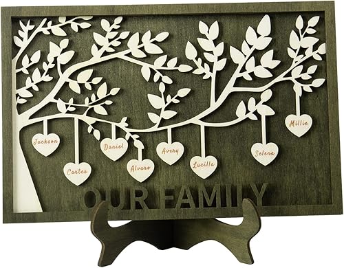 Vista 225 de Árbol genealógico con etiqueta de corazón, placas de madera grabadas personalizadas, regalos personalizados para madres, padres, escritorio, nombres