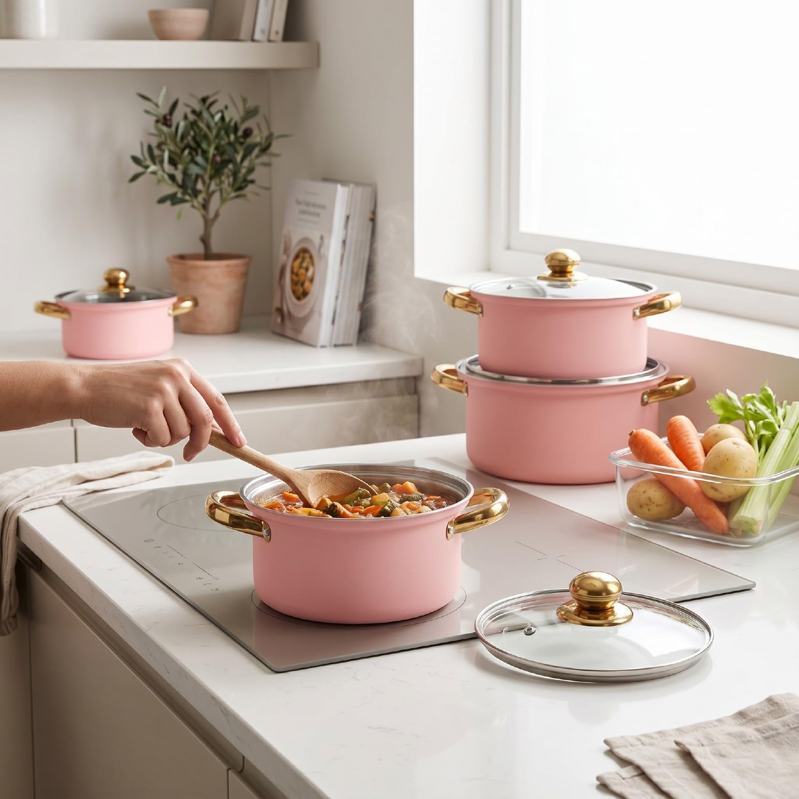 Generic Zestaw naczyń ze Stali Nierdzewnej 16 Cm 18 Cm 20 22 24 Trwałe Garnki do Gotowania w Domu ze Szklanymi Pokrywkami (PINK)