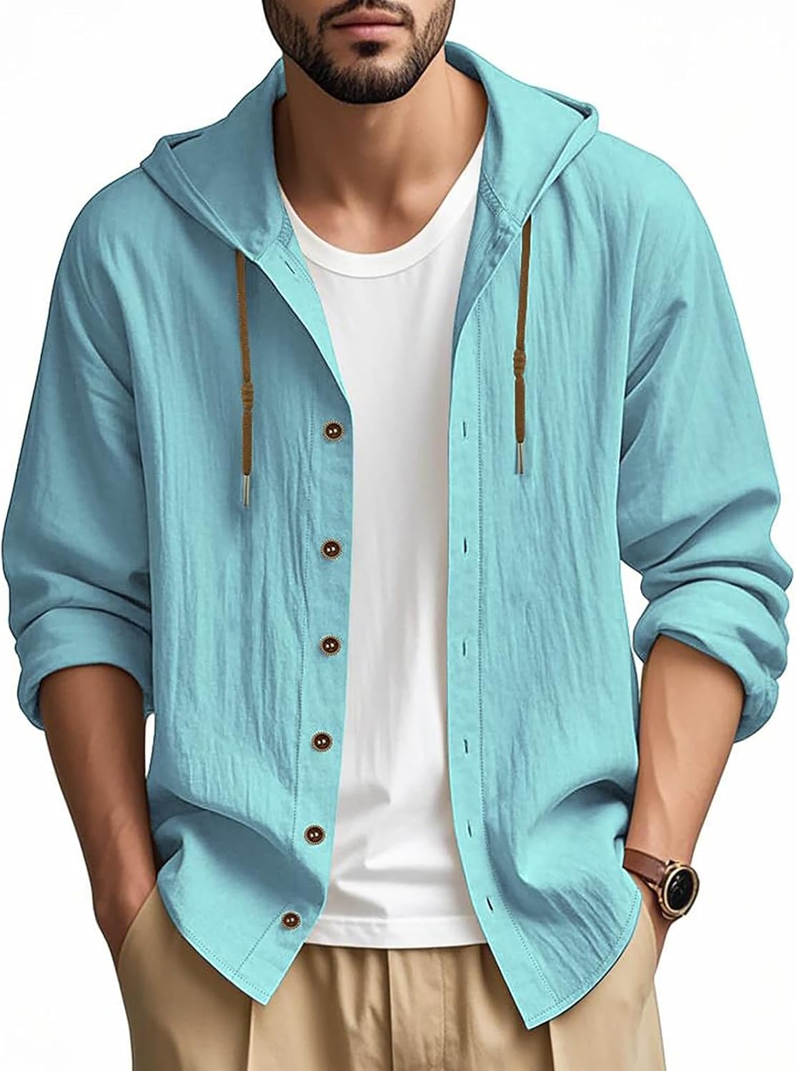 PIDOGYM Men Cotton Linen Long Sleeve Button Down Shirt Summer Casual Hawaiian Beach Tops Lightweight Fashion Hoodies - Image 2