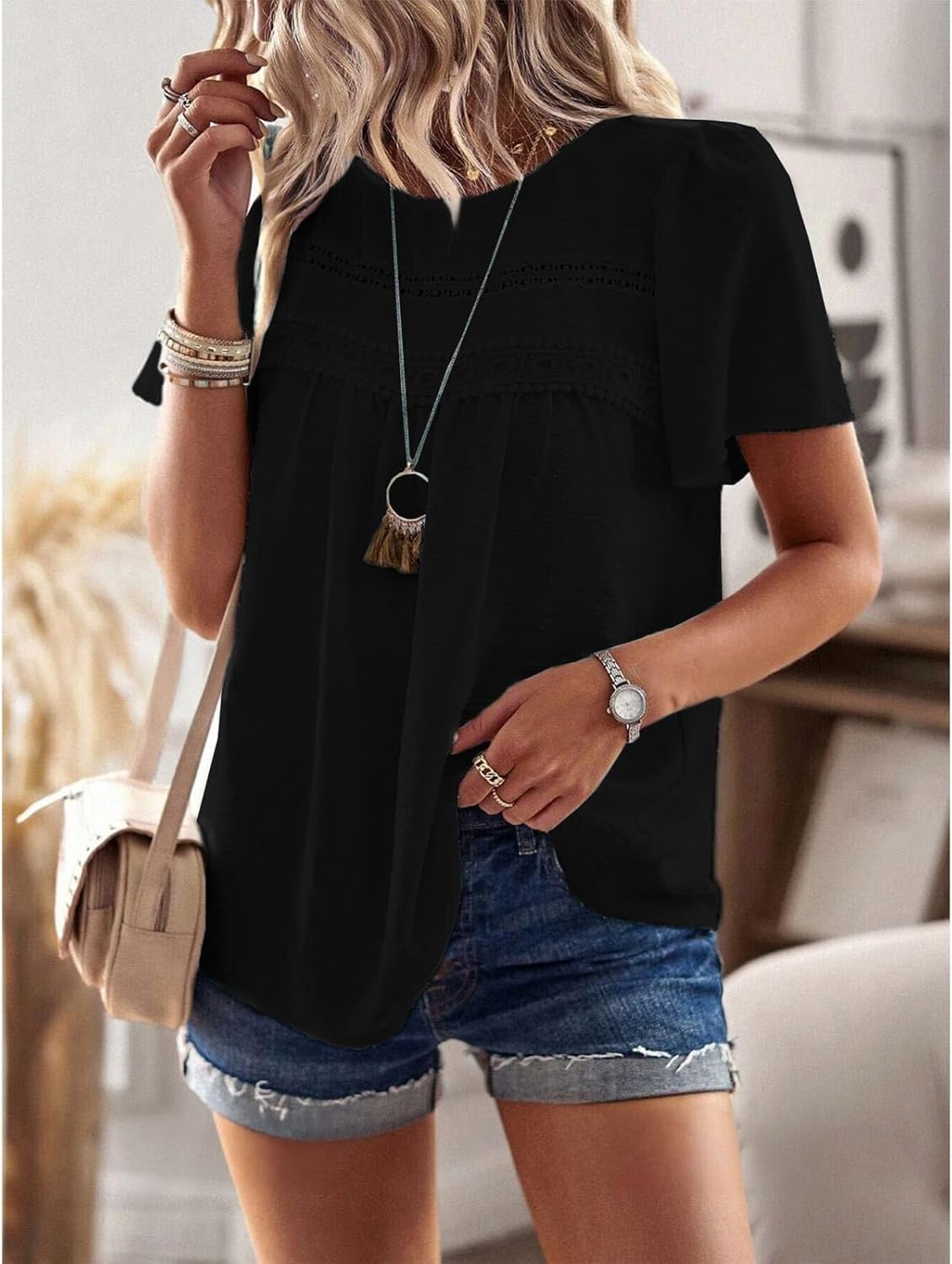 YNIQUE Womens Summer Tops Crewneck Short Sleeve T Shirts Casual Chiffon Blouses Flowy Lace Hem Trendy 2025 - Image 3