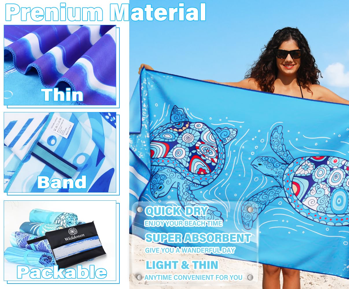 Widdonen Toalla de playa de microfibra ligera y fina, sin arena, de secado rápido, absorbente, compacta, suave, para piscina, natación, viajes, accesorios de playa extragrandes, accesorios de playa