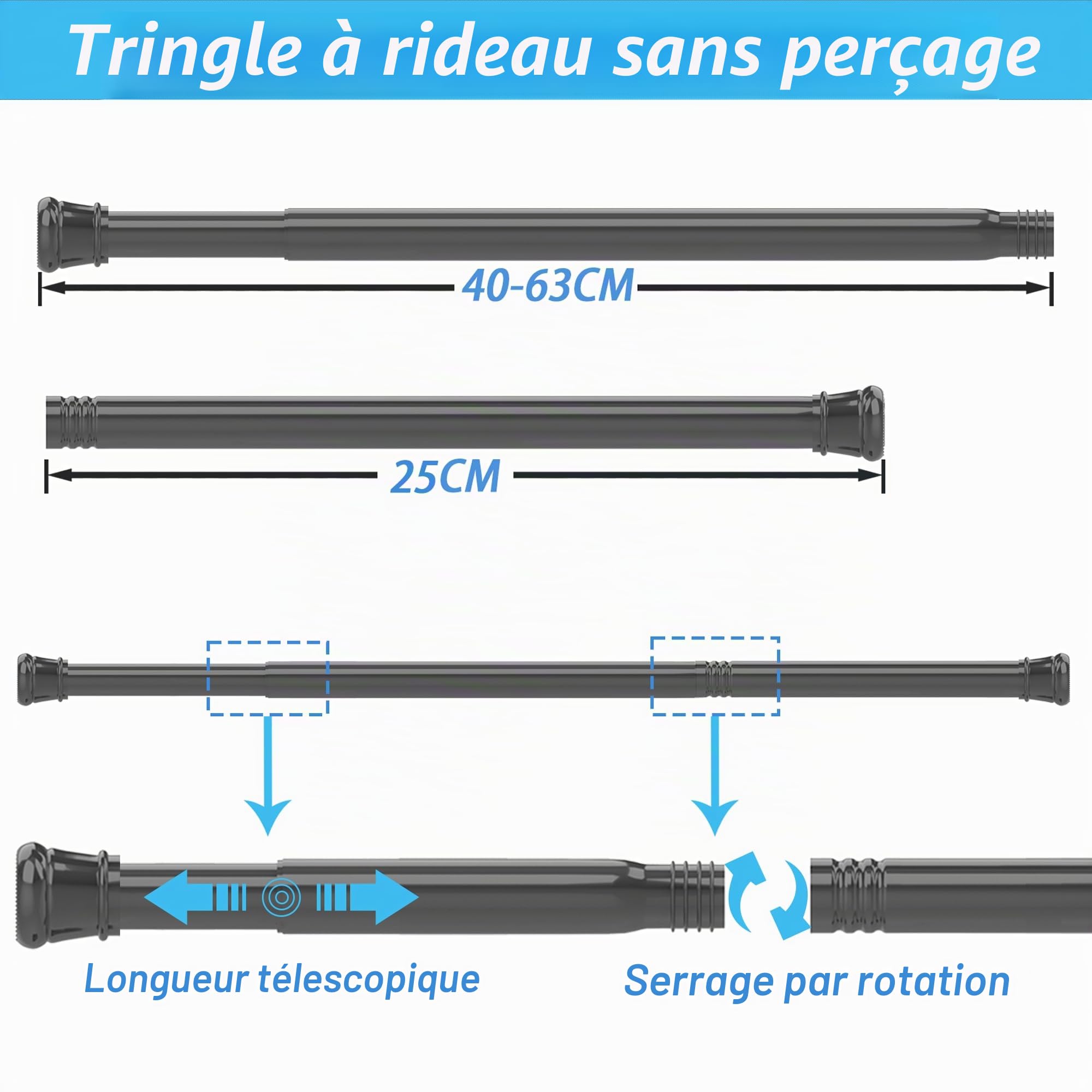 1 Tringle à rideaux télescopique sans perçage pour salle de bain, fenêtre, penderie, 66-90 cm, blanc (diamètre 25 mm)