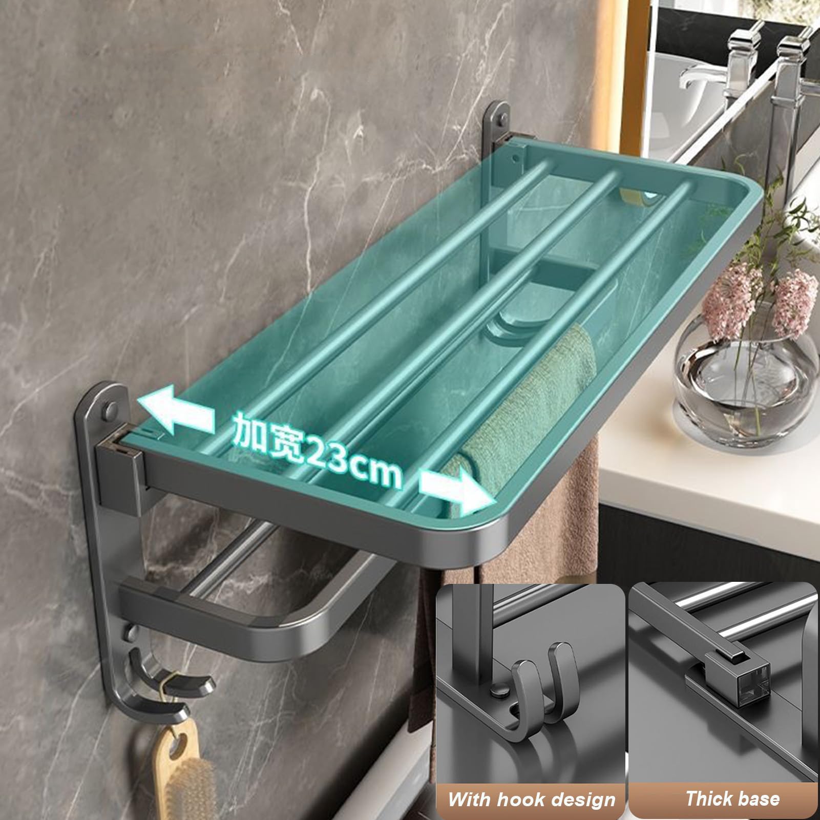 Toalleros de baño, Accesorios baño, Colgador Toalla de Pared Toallero con Ganchos, Barra Doble Estante de baño Toallero Doble Plegable de 90° per Bagno, Cucina, Hotel