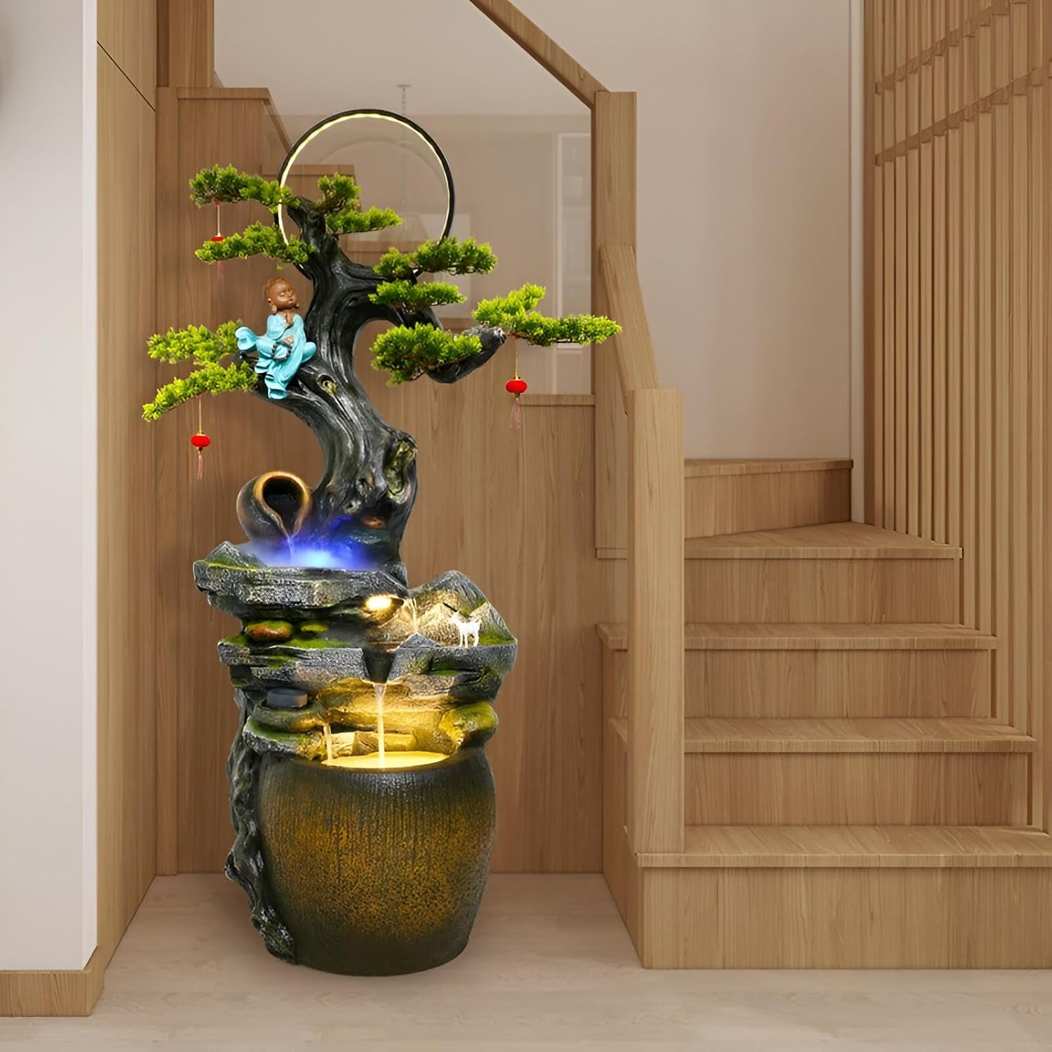 Large Floor Standing Fountain-with neon Lights,Atomization,recirculating Water,Ornaments & Landscape Zen-Applicable to Indoor Decoration,Zen Landscape-delivery+30 Free Crystals (62 * 56 * 158 CM)