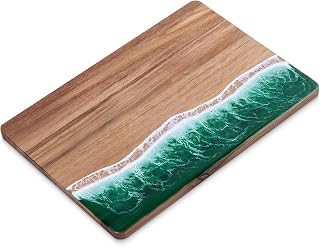 maudibozz Ocean Resin Charcuterie Board - Handmade Acacia Wood Cutting Board with Green Wave Pattern for Cheese, Fruit, Meat